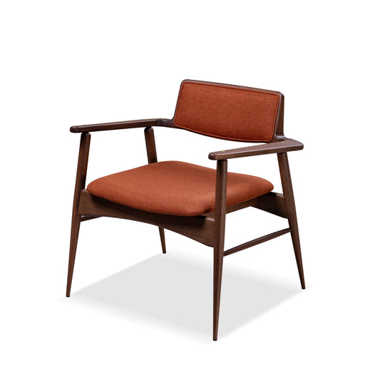 Brown armchair with wooden frame on a white background