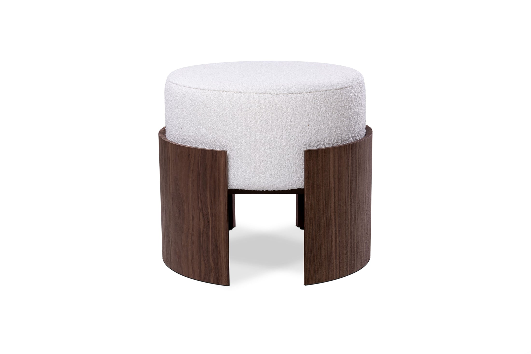 ottoman with white cushioned top and wooden base on a white background