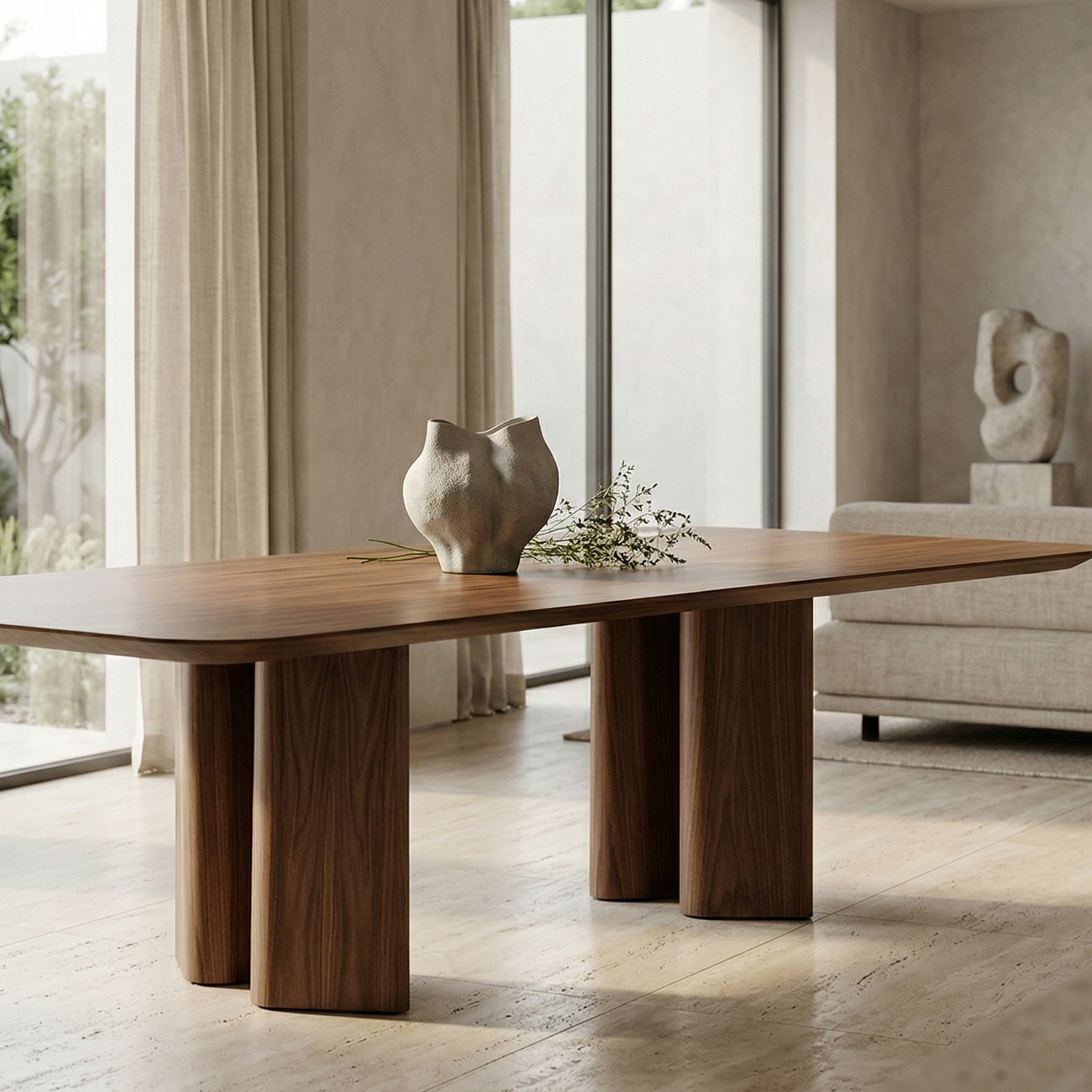 Modern wooden dining table in a stylish living room with large windows.