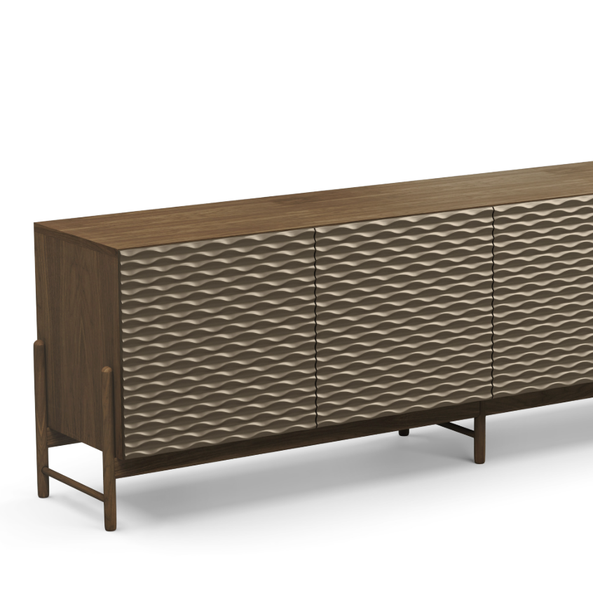 A sideboard with a smooth, lacquered finish with four doors, set on a white background.
