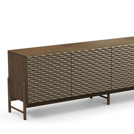 A sideboard with a smooth, lacquered finish with four doors, set on a white background.