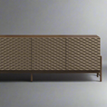Load image into Gallery viewer, A sideboard with a smooth, lacquered finish with four doors, set on a gray background.
