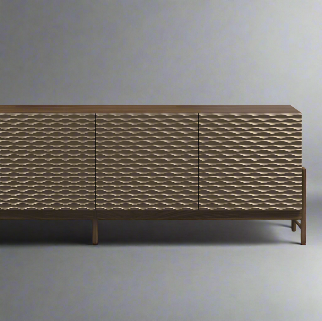A sideboard with a smooth, lacquered finish with four doors, set on a gray background.