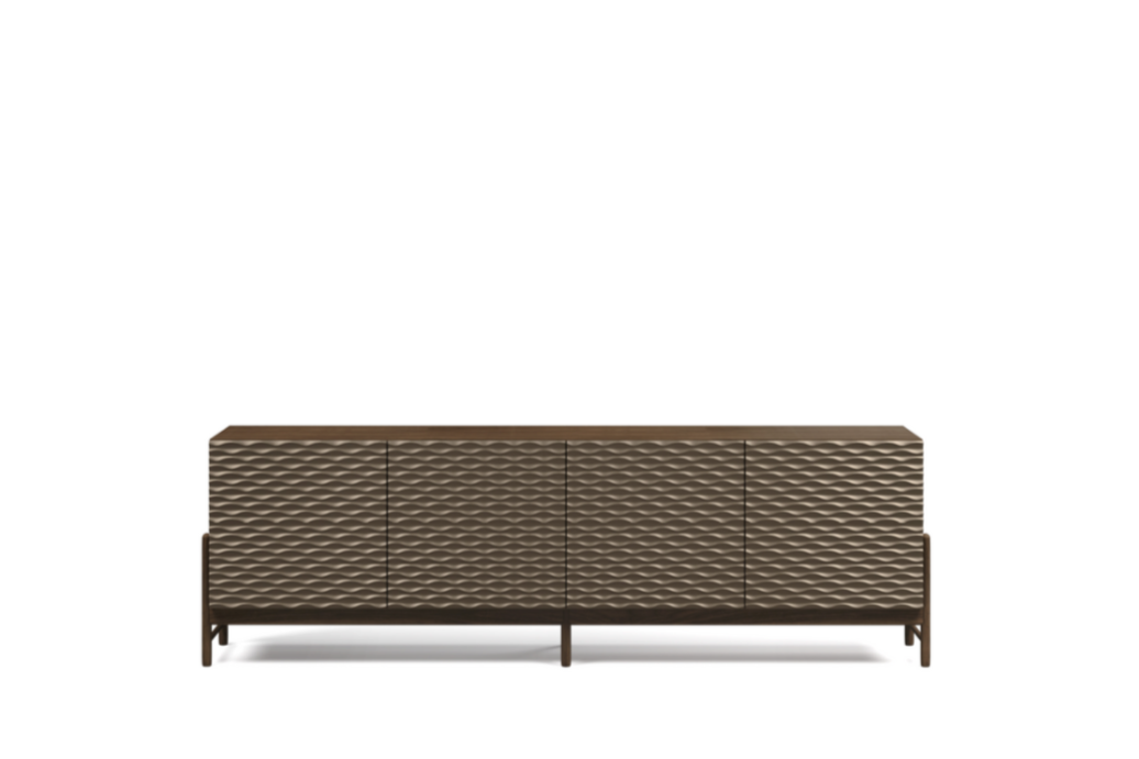 A sideboard with a smooth, lacquered finish with four doors, set on a white background.