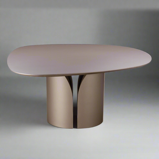 A contemporary dining table with a sleek metallic finish with wooden top, designed to seat six people maximum.