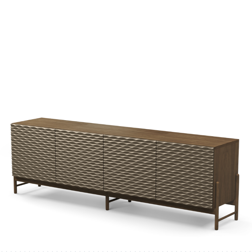 A sideboard with a smooth, lacquered finish with four doors, set on a white background.
