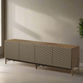 Load image into Gallery viewer, A sideboard with a smooth, lacquered finish with four doors, set on a gray 
background.
