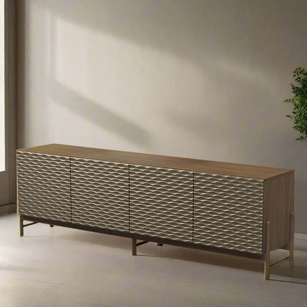 A sideboard with a smooth, lacquered finish with four doors, set on a gray 
background.