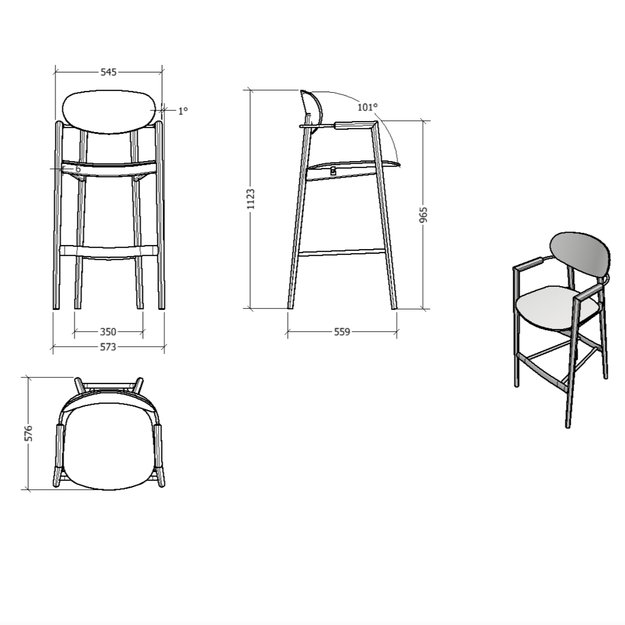 Technical drawing of a high chair with dimensions on a white background