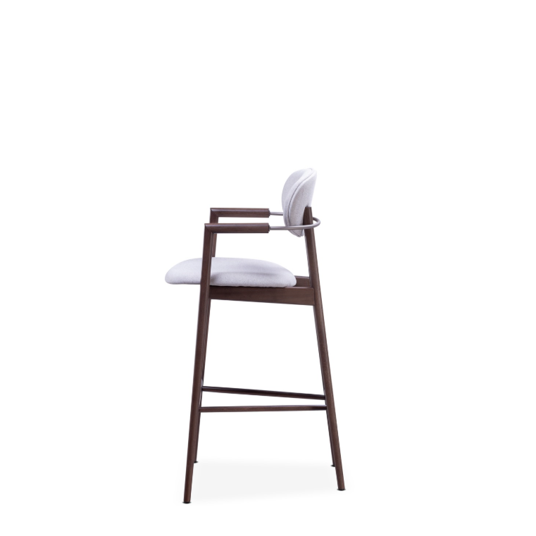 Wooden bar stool with white cushion on a white background