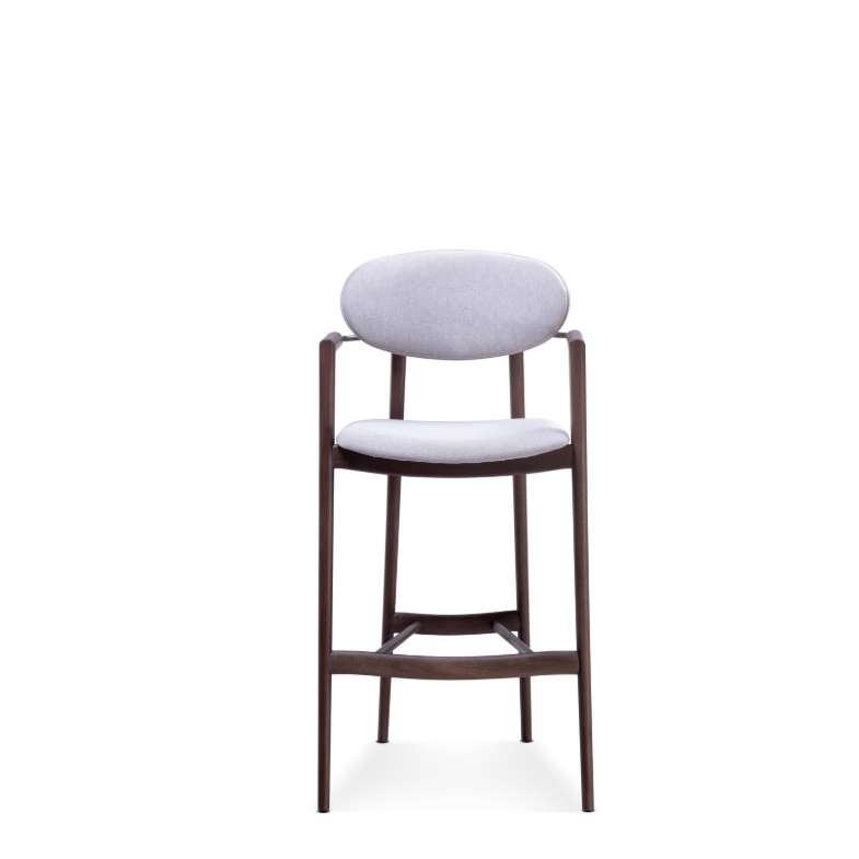 Bar stool with white cushioned seat and backrest on a white background
