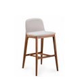 Load image into Gallery viewer, Bar stool with wooden legs and a light gray cushioned seat on a white background
