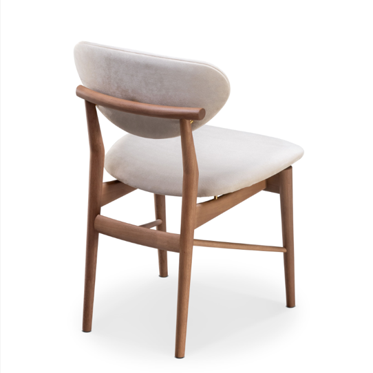Chair with wooden frame and white cushion on a white background