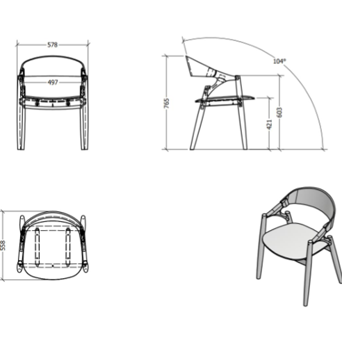 Technical drawing of a chair with dimensions and angles
