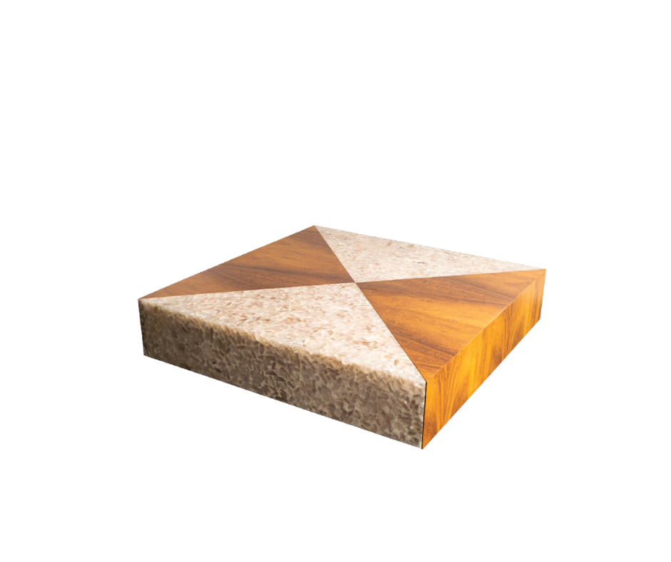 Wooden coffee table with a geometric pattern on a white background
