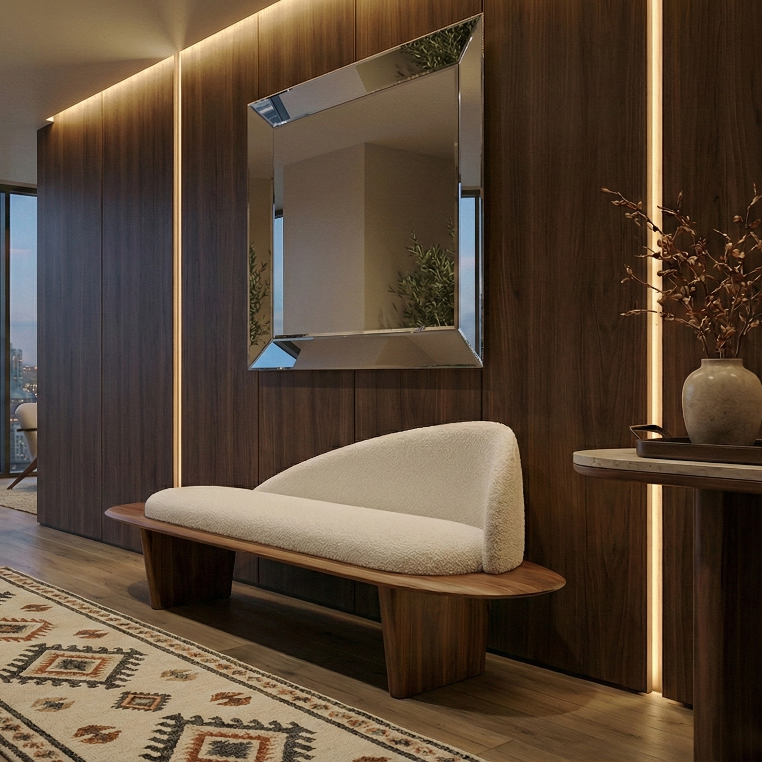 Modern interior with a cityscape view, wooden bench, and decorative elements.