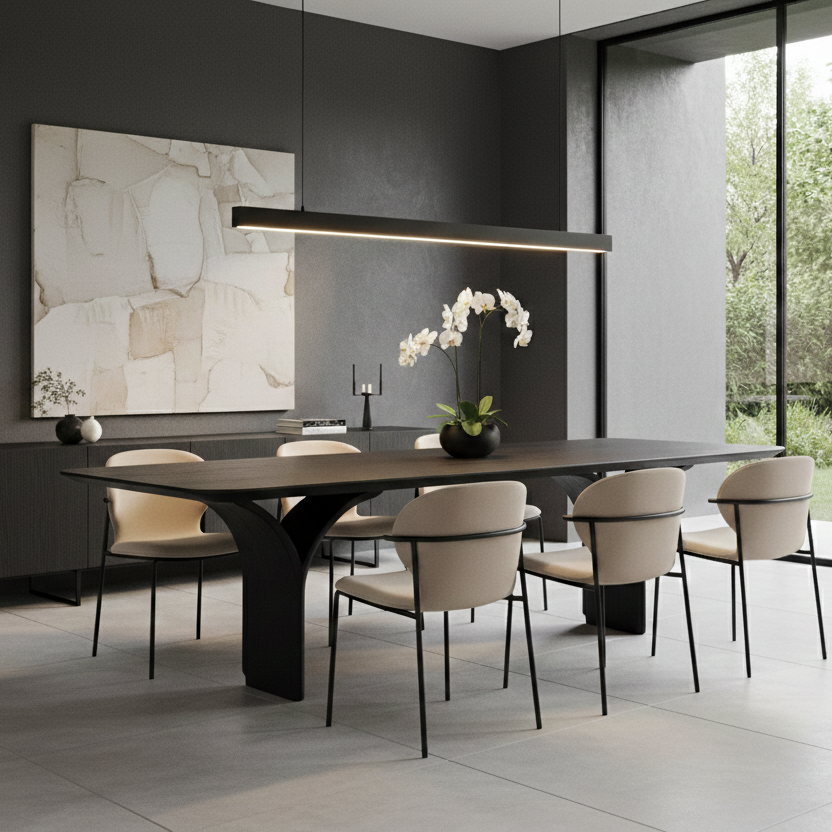 Modern dining room with a long black table and beige chairs, featuring a large window with a view of greenery.
