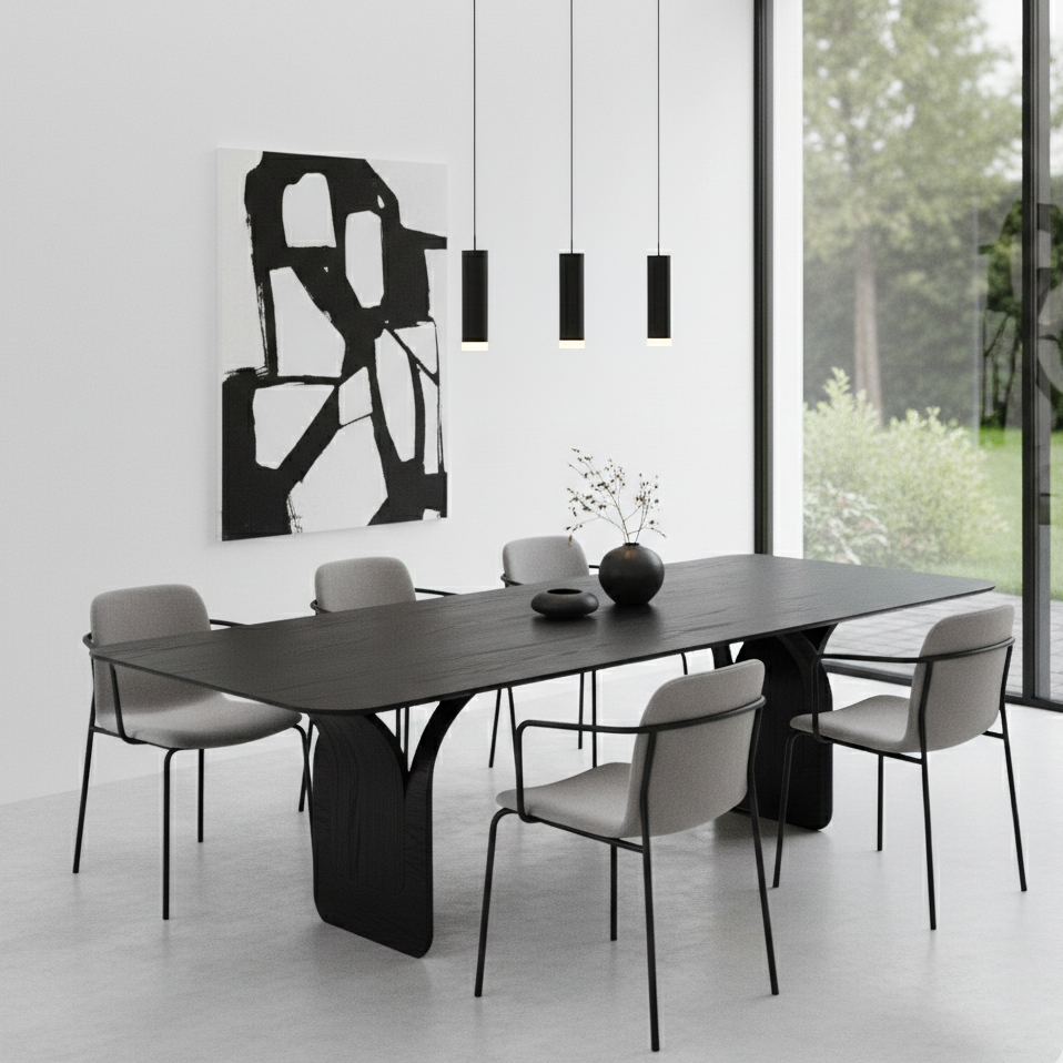 Modern dining room with a black dining table and gray chairs, featuring abstract art on the wall.