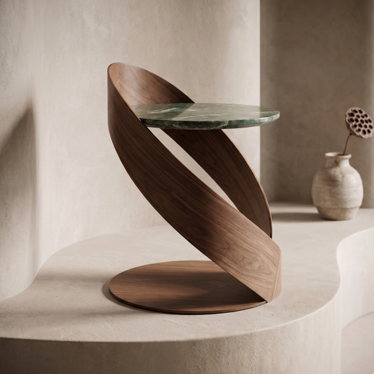 Modern wooden side table with a glass top in a minimalistic setting
