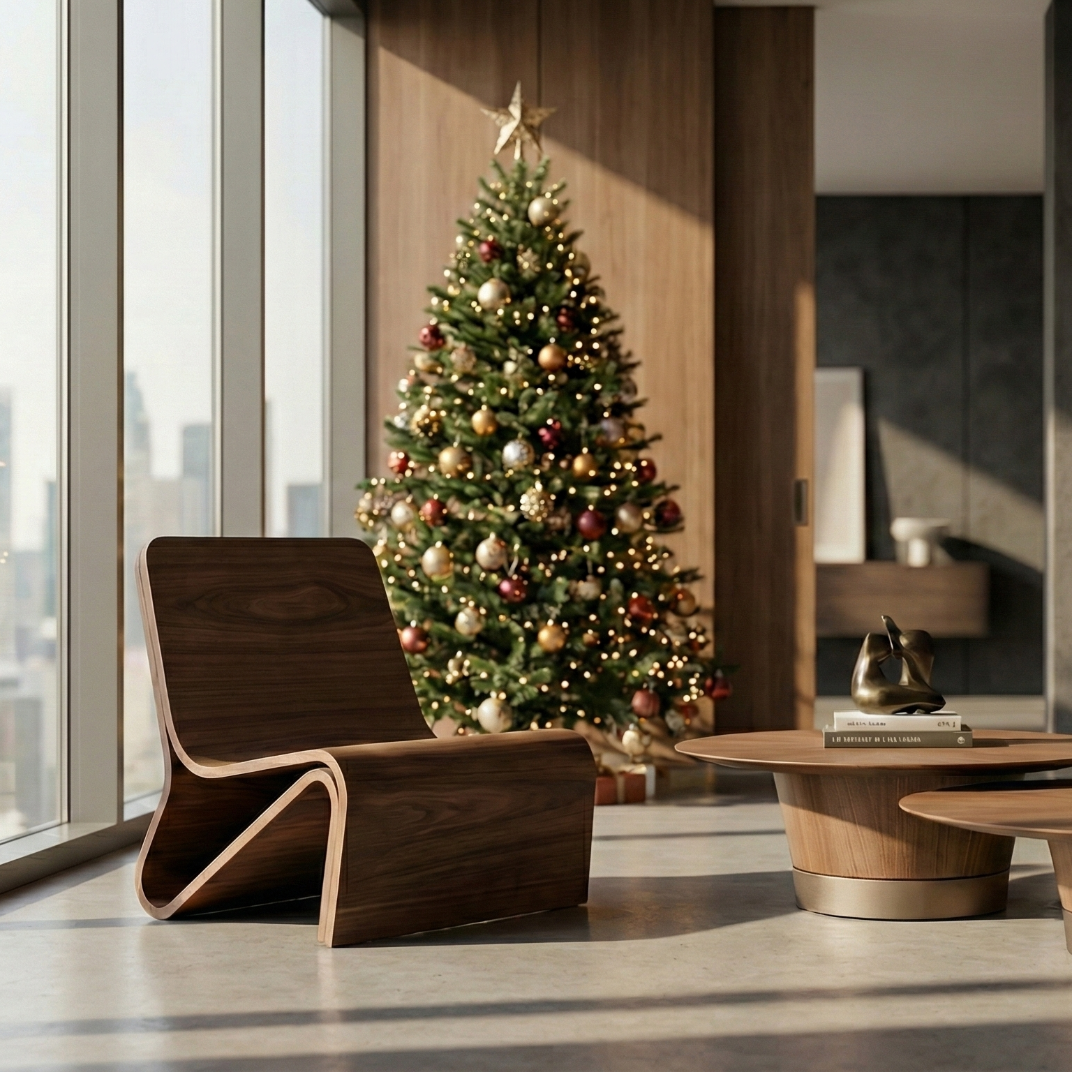 Modern living room with a decorated Christmas tree by large windows with cityscape view.
