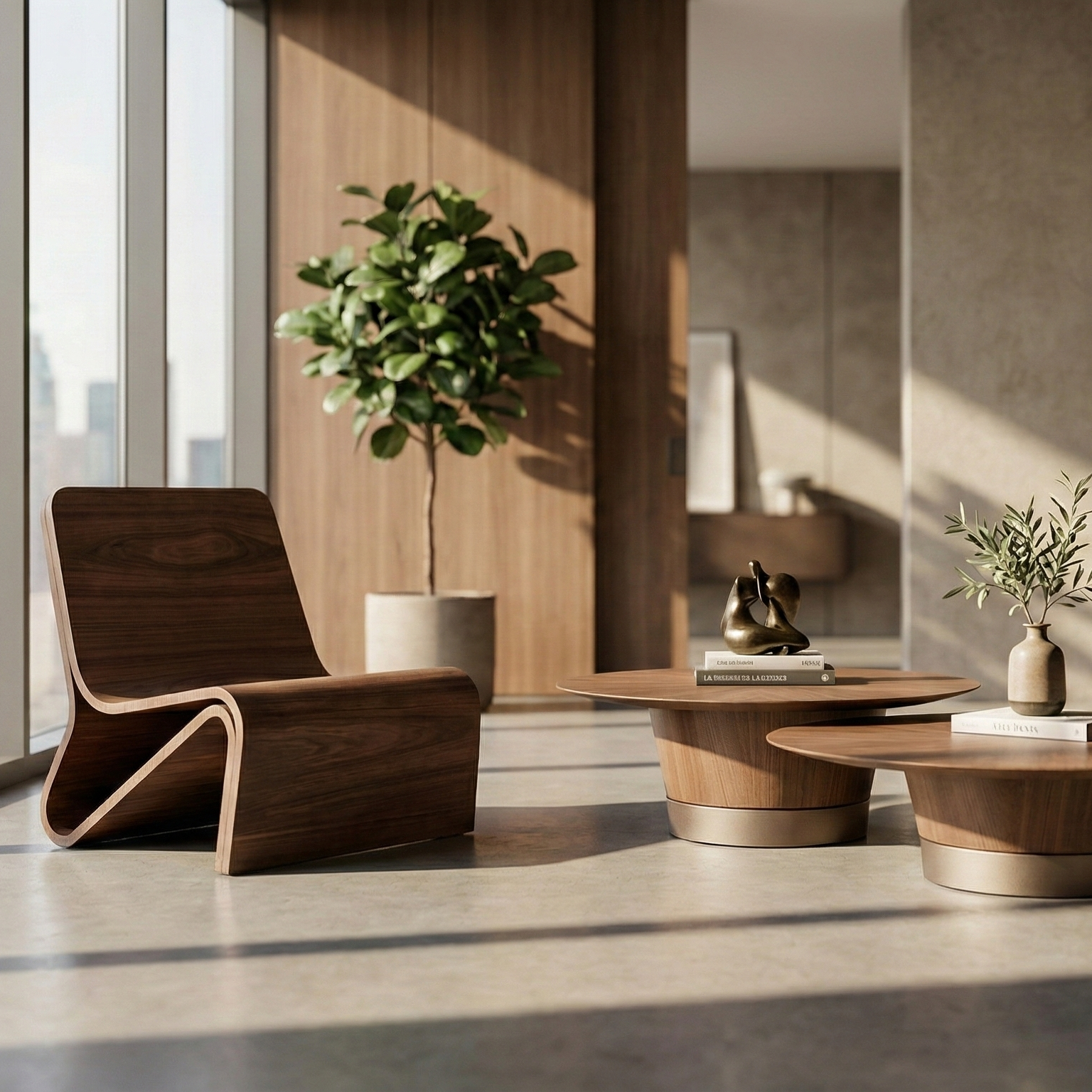 Modern interior with wooden furniture and large windows