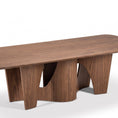 Load image into Gallery viewer, A modern rectangular wooden dining table with a rich walnut finish, featuring sculptural curved legs, shown on a clean white background.
