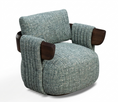 Load image into Gallery viewer, Blue textured armchair with brown wooden armrests on a white background
