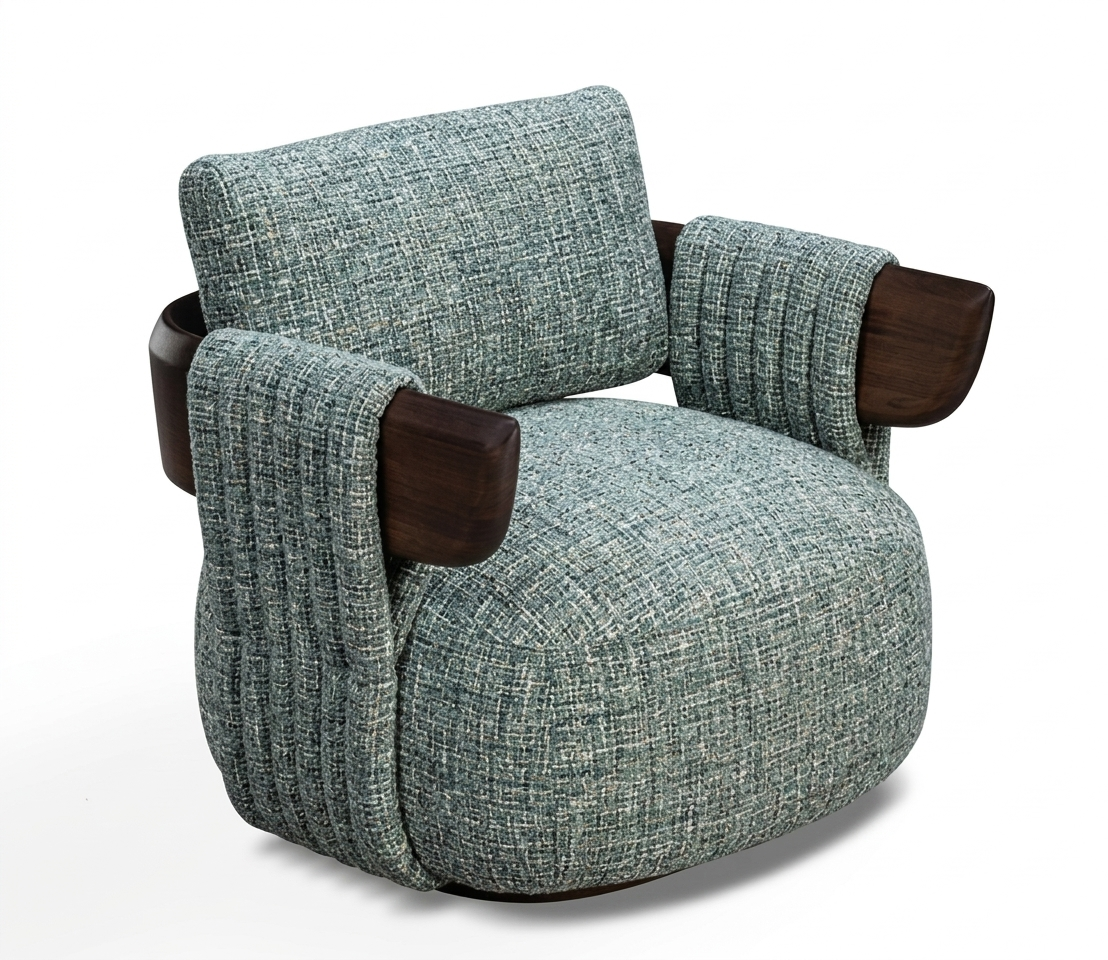 Blue textured armchair with brown wooden armrests on a white background