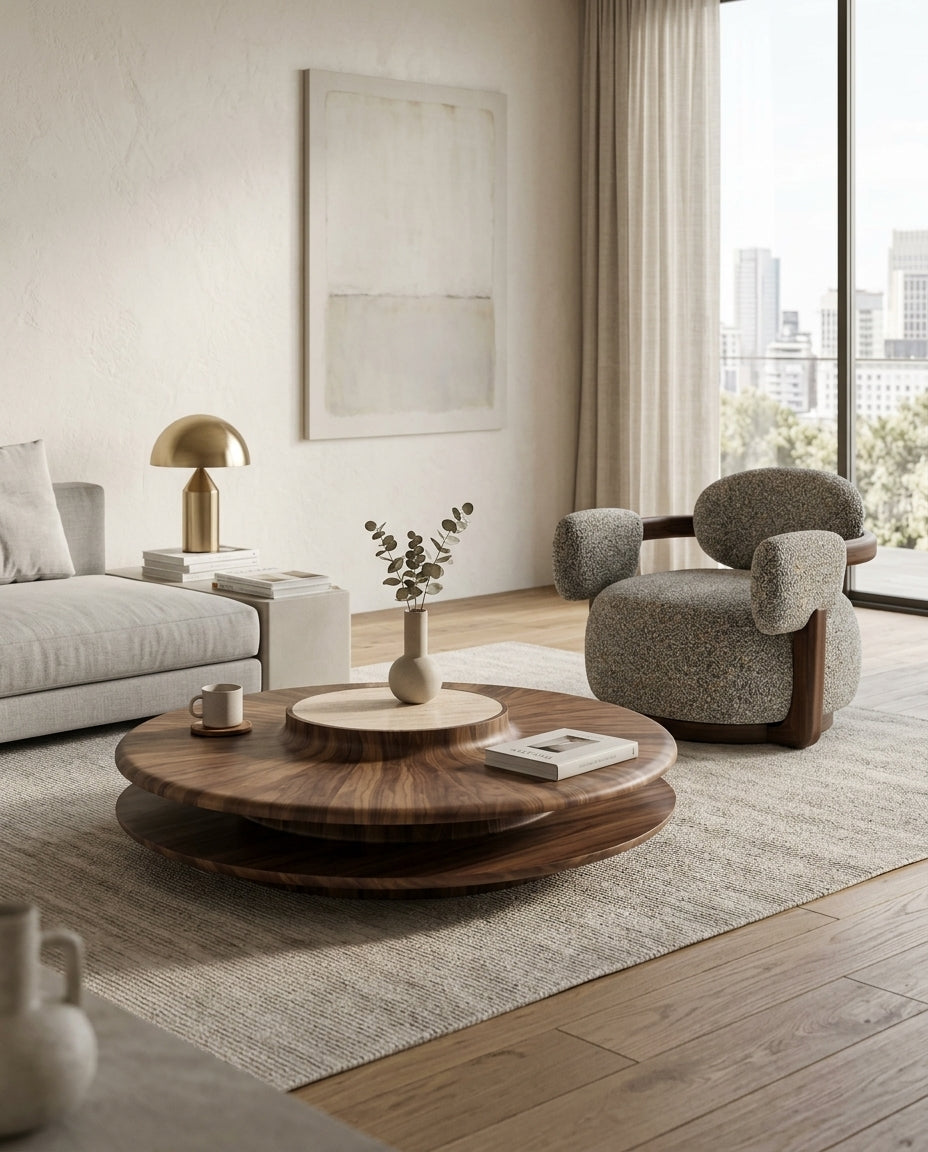 A modern living room scene featuring a round walnut coffee table on a textured light rug, next to a gray upholstered armchair and a light gray sofa with a gold table lamp.