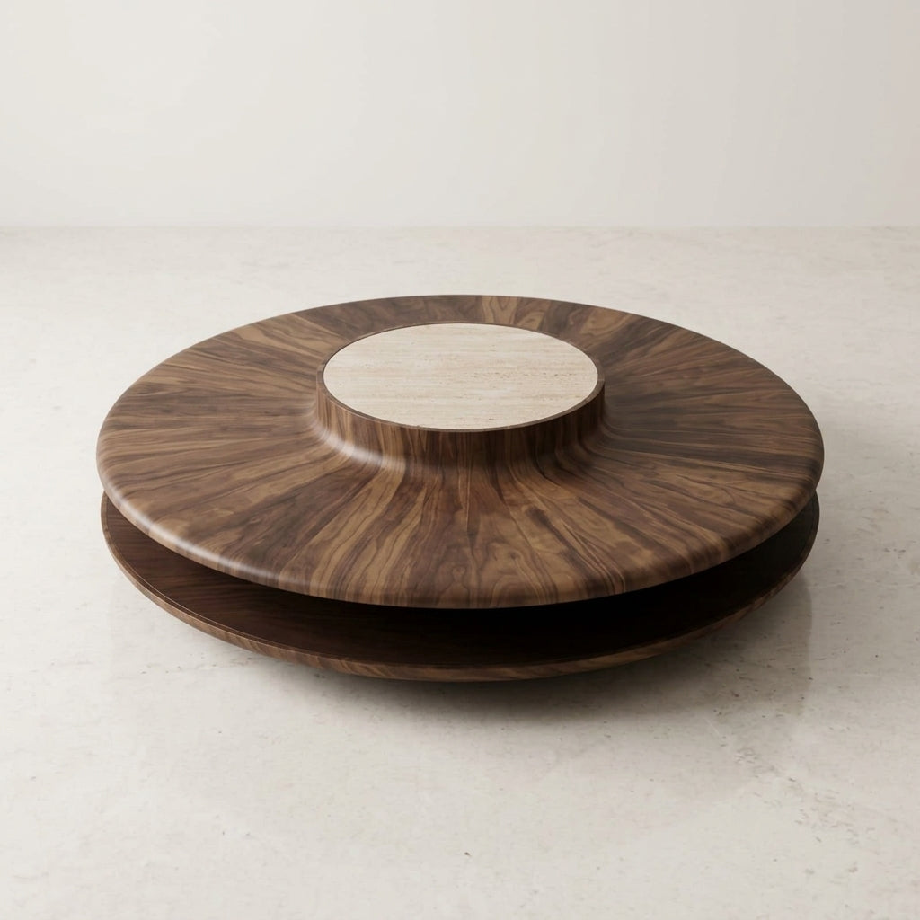 A round walnut coffee table with a travertine marble center detail, shown on a neutral light gray surface.