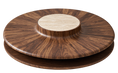Charger l'image dans la visionneuse de la galerie, A modern round wooden coffee table with a dark brown wood grain pattern, featuring a lighter beige circular inlay in the center and a lower shelf.
