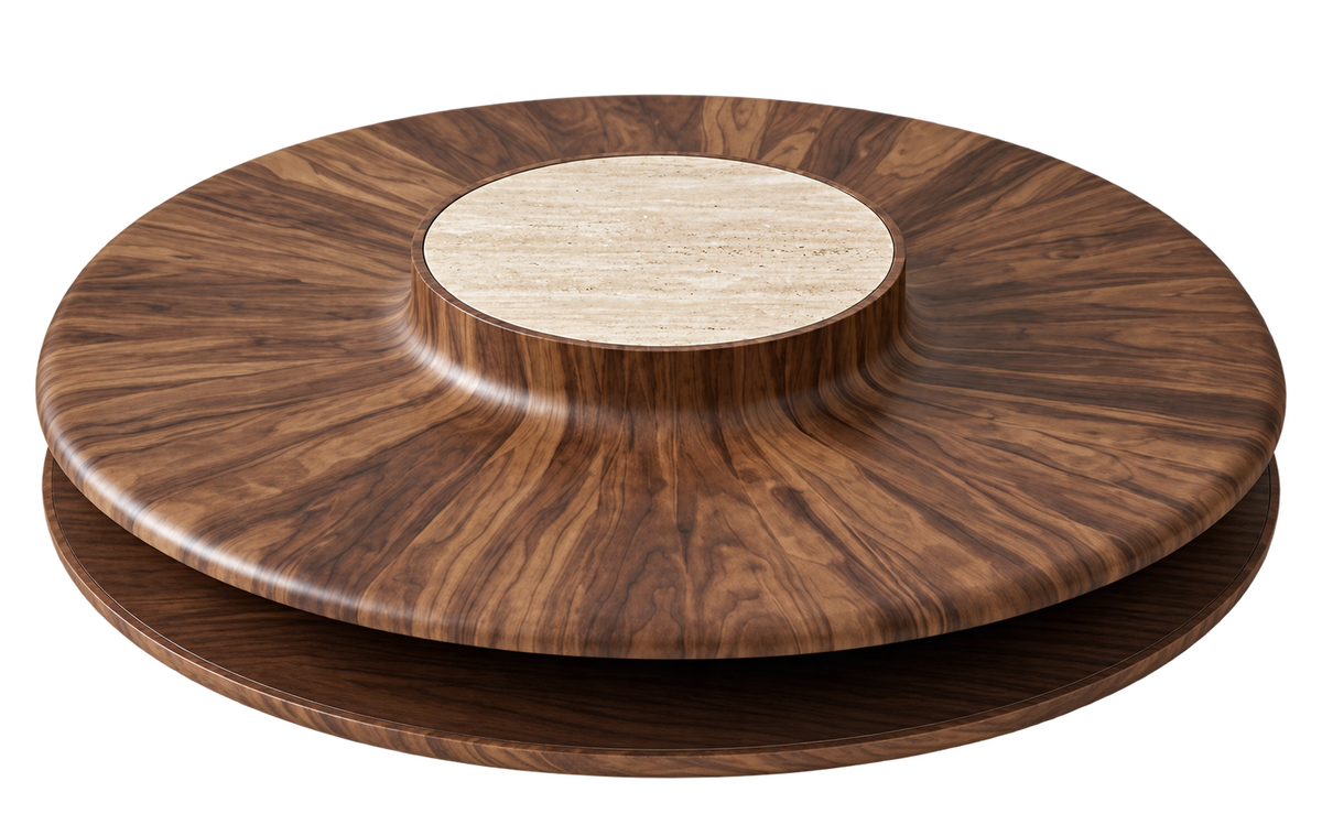 A modern round wooden coffee table with a dark brown wood grain pattern, featuring a lighter beige circular inlay in the center and a lower shelf.