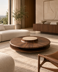 Charger l'image dans la visionneuse de la galerie, modern living room, with walnut round coffee table, modern brazilian high end design
