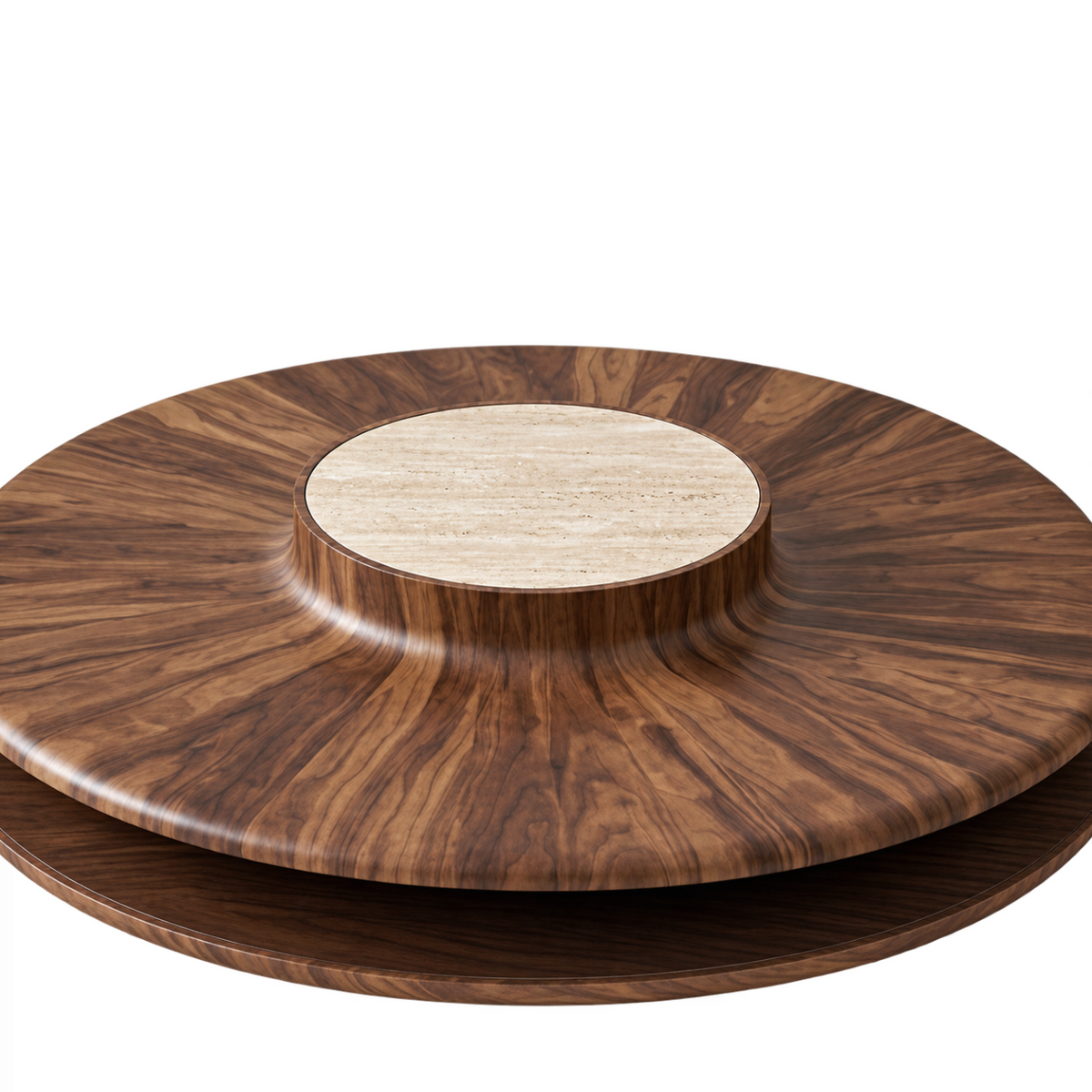 A round walnut coffee table with a dark brown marbled wood grain pattern, featuring a travertine circular center and a matching dark wooden base, shown on a solid white background.