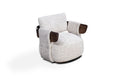 Load image into Gallery viewer, Modern armchair with white cushion and brown wooden armrests on a white background
