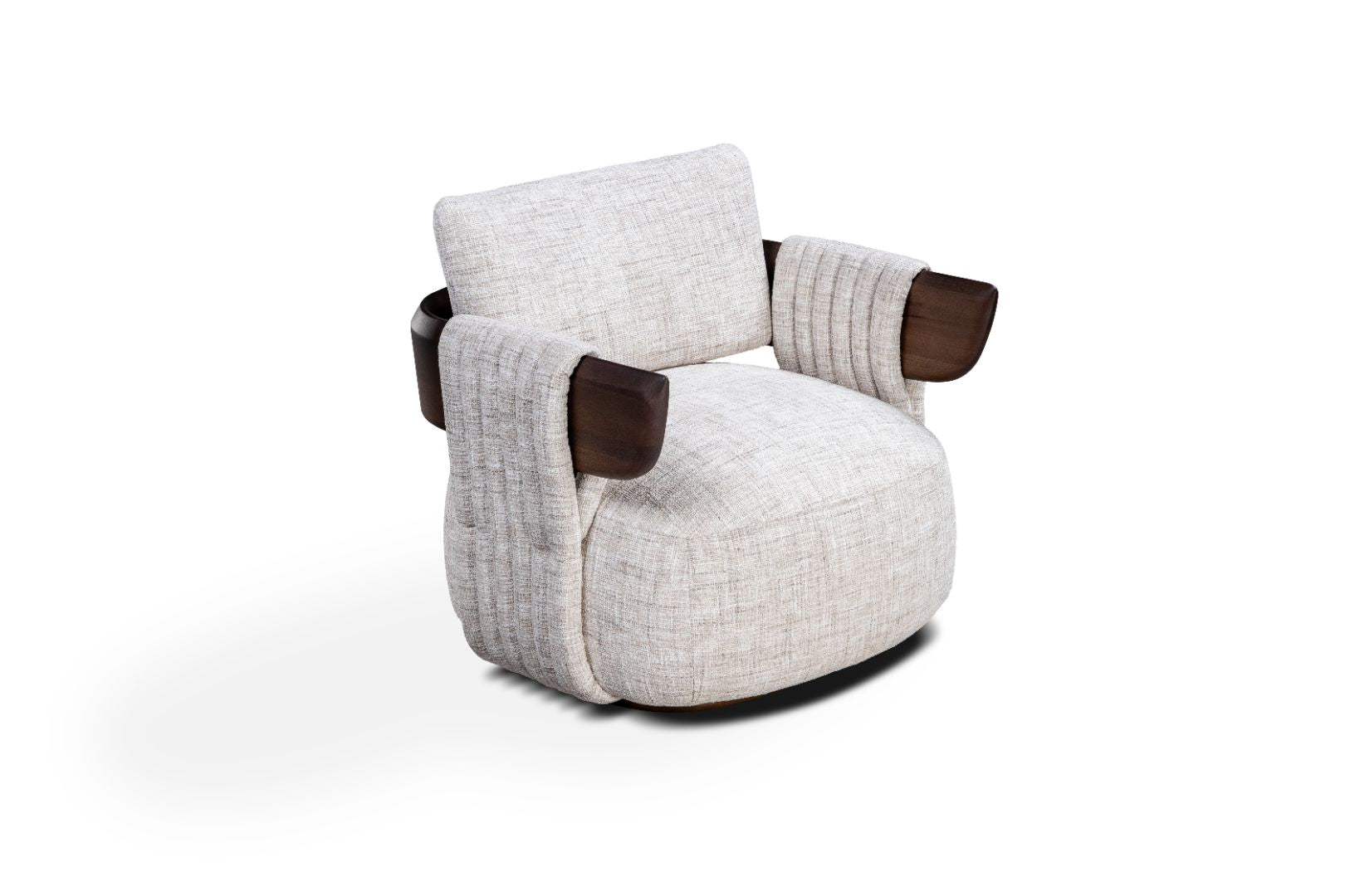 Modern armchair with white cushion and brown wooden armrests on a white background