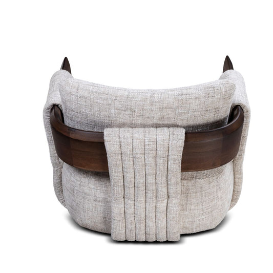 Textured fabric basket with wooden handles on a white background