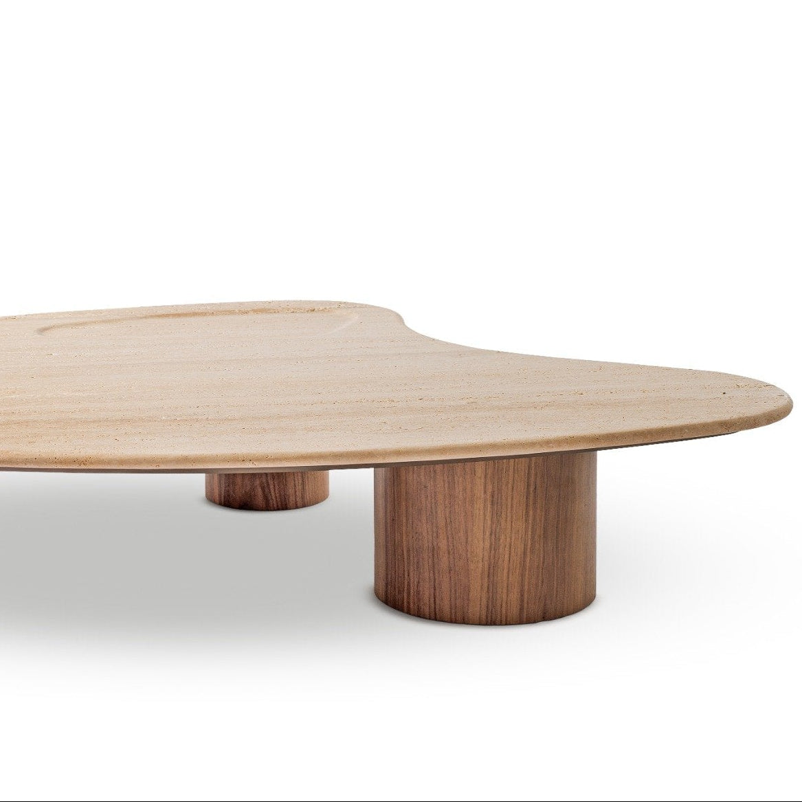 Wooden coffee table with a unique design, roman travertine top on a white background