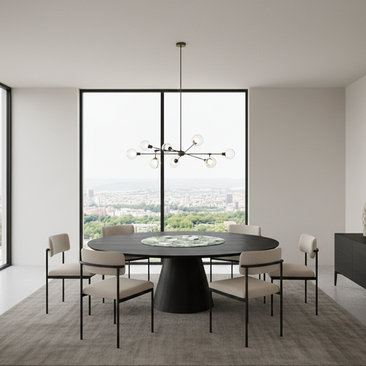 Modern dining room with a round table and chairs in a stylish interior.