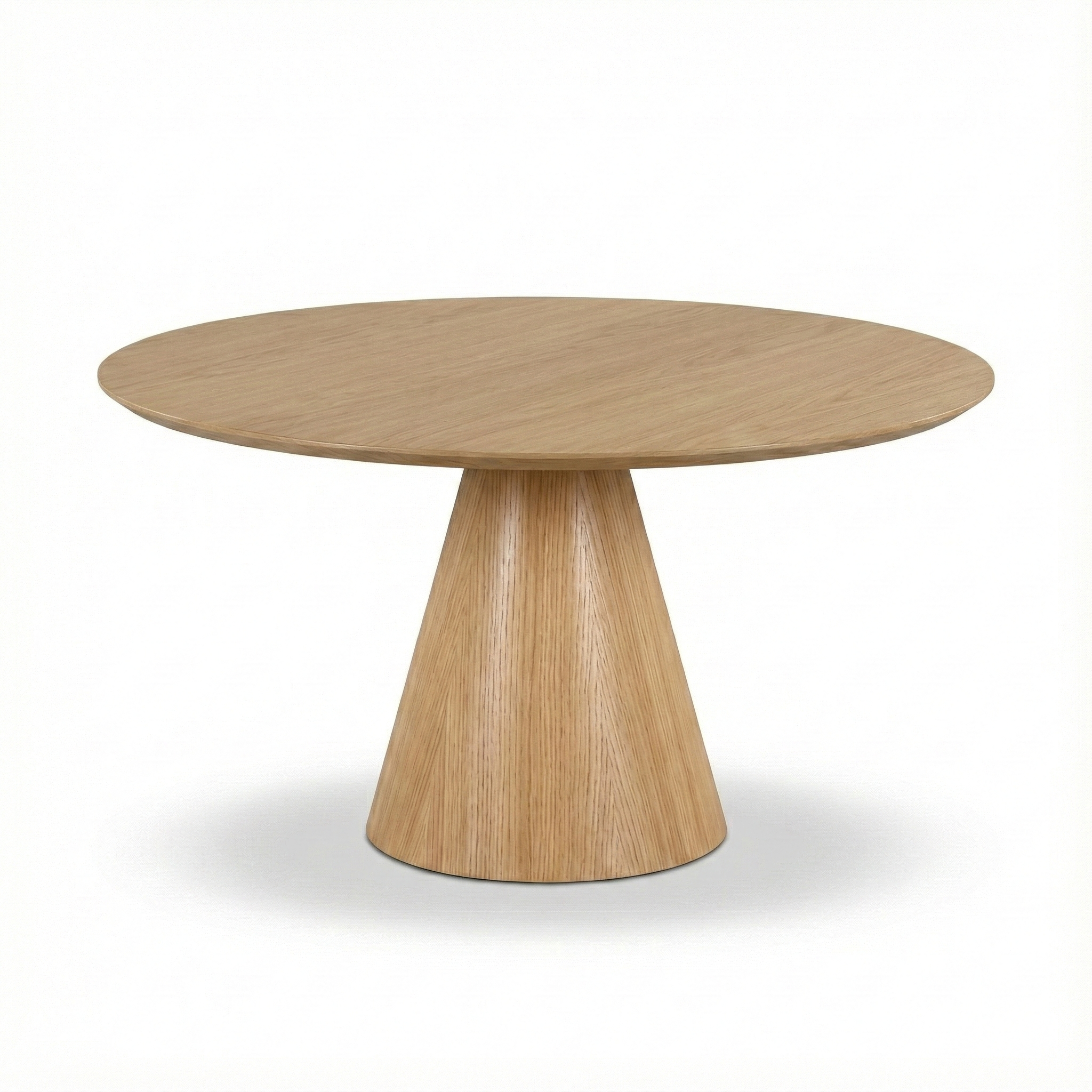 Wooden dining table with a unique base design on a white background