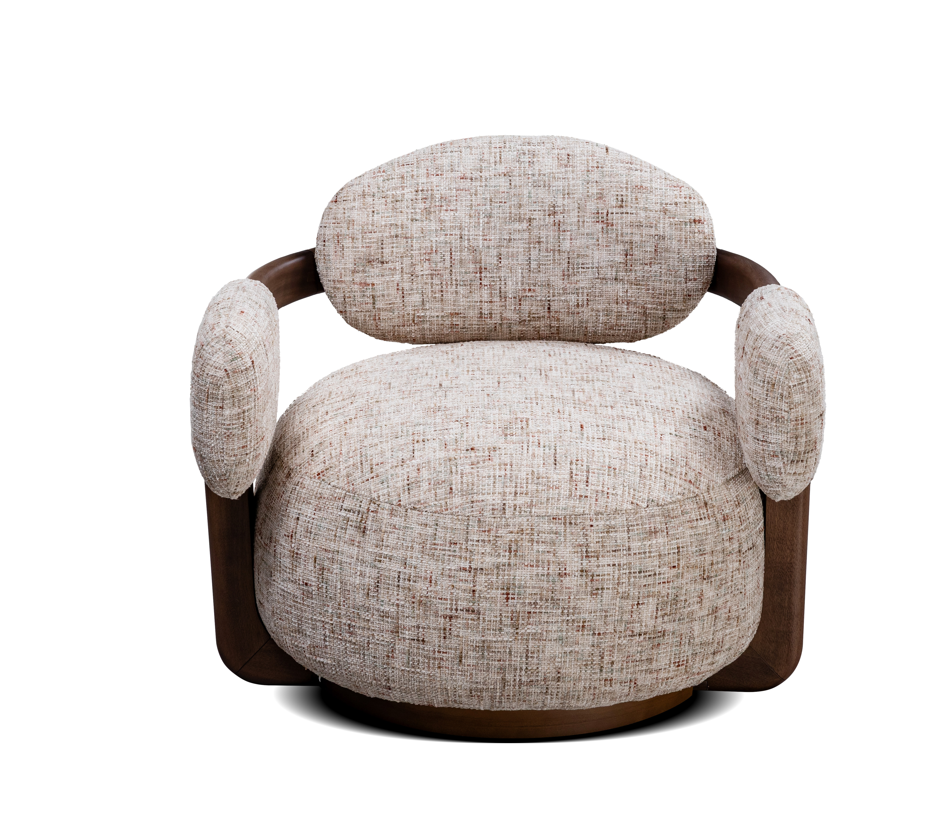 Textured armchair with wooden accents on a white background