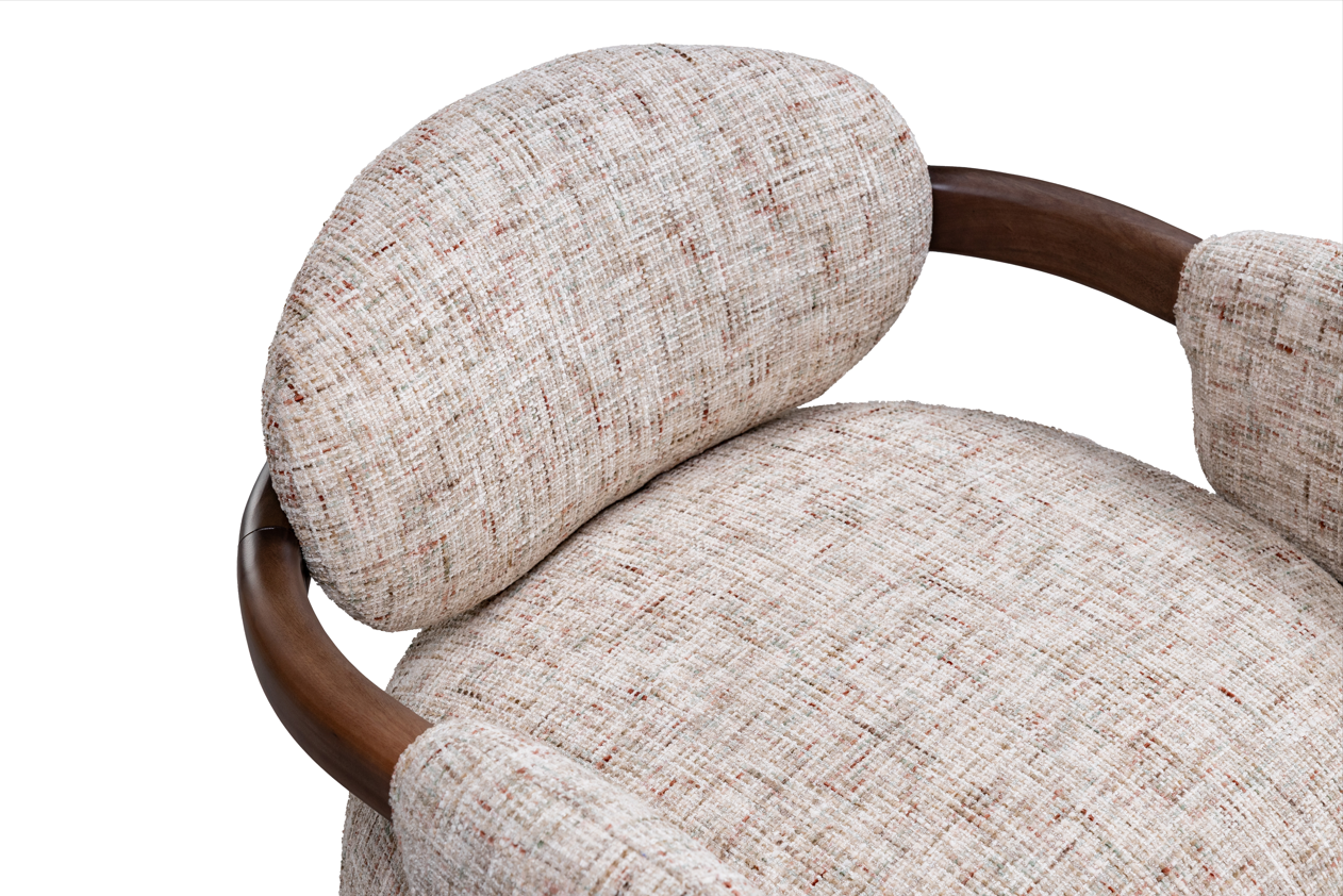 Close-up of a textured chair with wooden armrests on a white background
