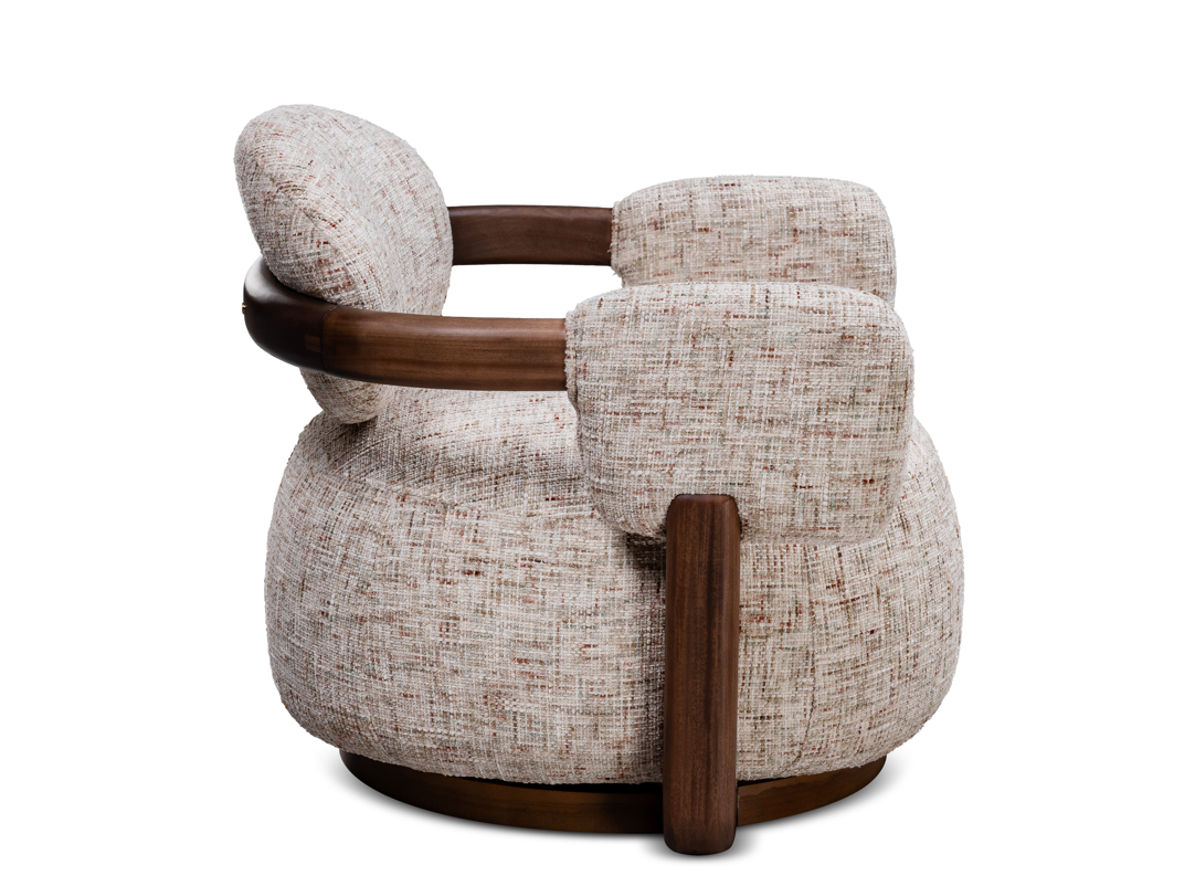 Modern chair with textured fabric and wooden accents on a white background