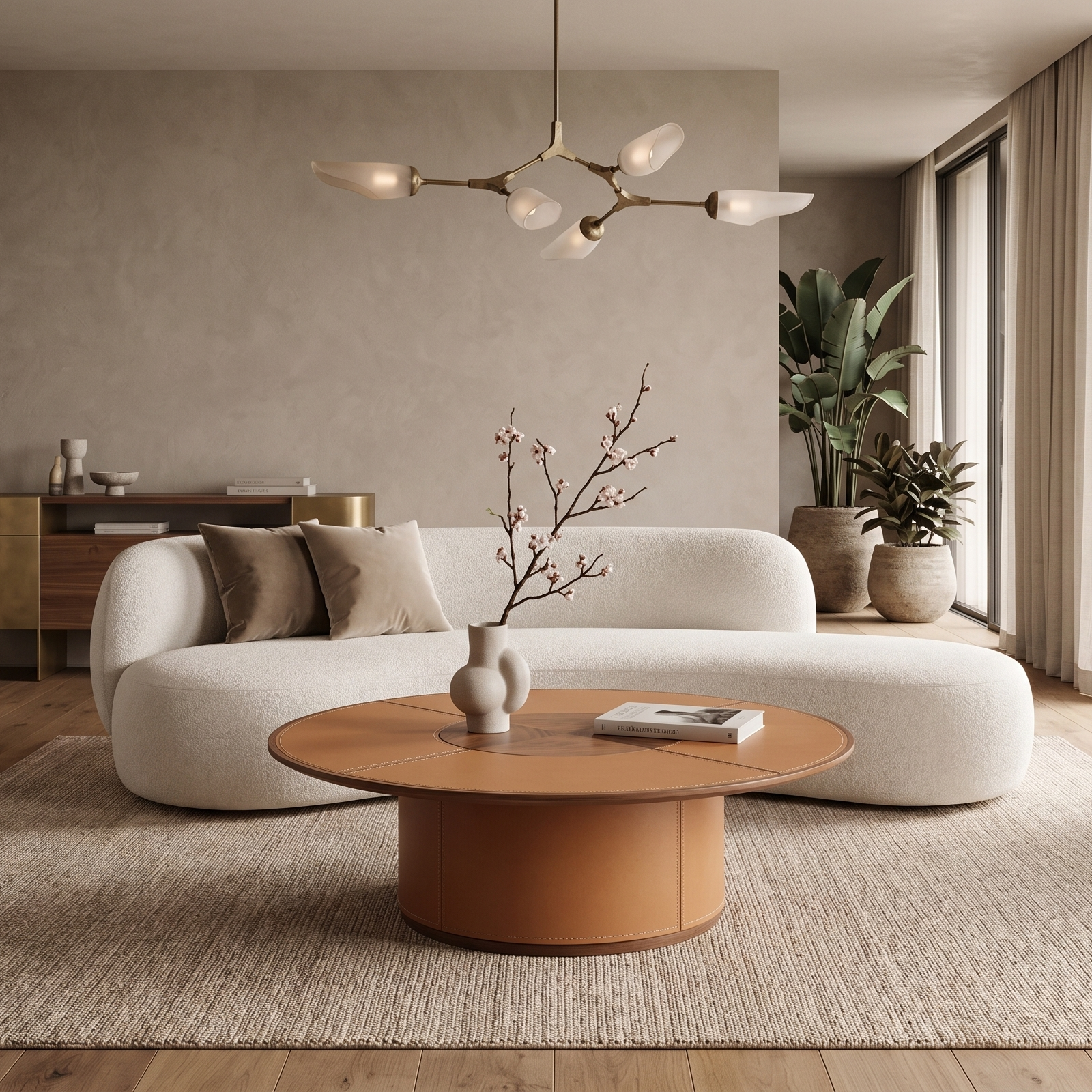 A modern living room featuring a curved white sofa, a round wooden coffee table, a textured beige rug, and large windows with beige curtains.