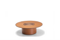 Load image into Gallery viewer, A round, low-profile outdoor coffee table with a terracotta-colored leather top and a matching cylindrical base, shown on a clean white background.
