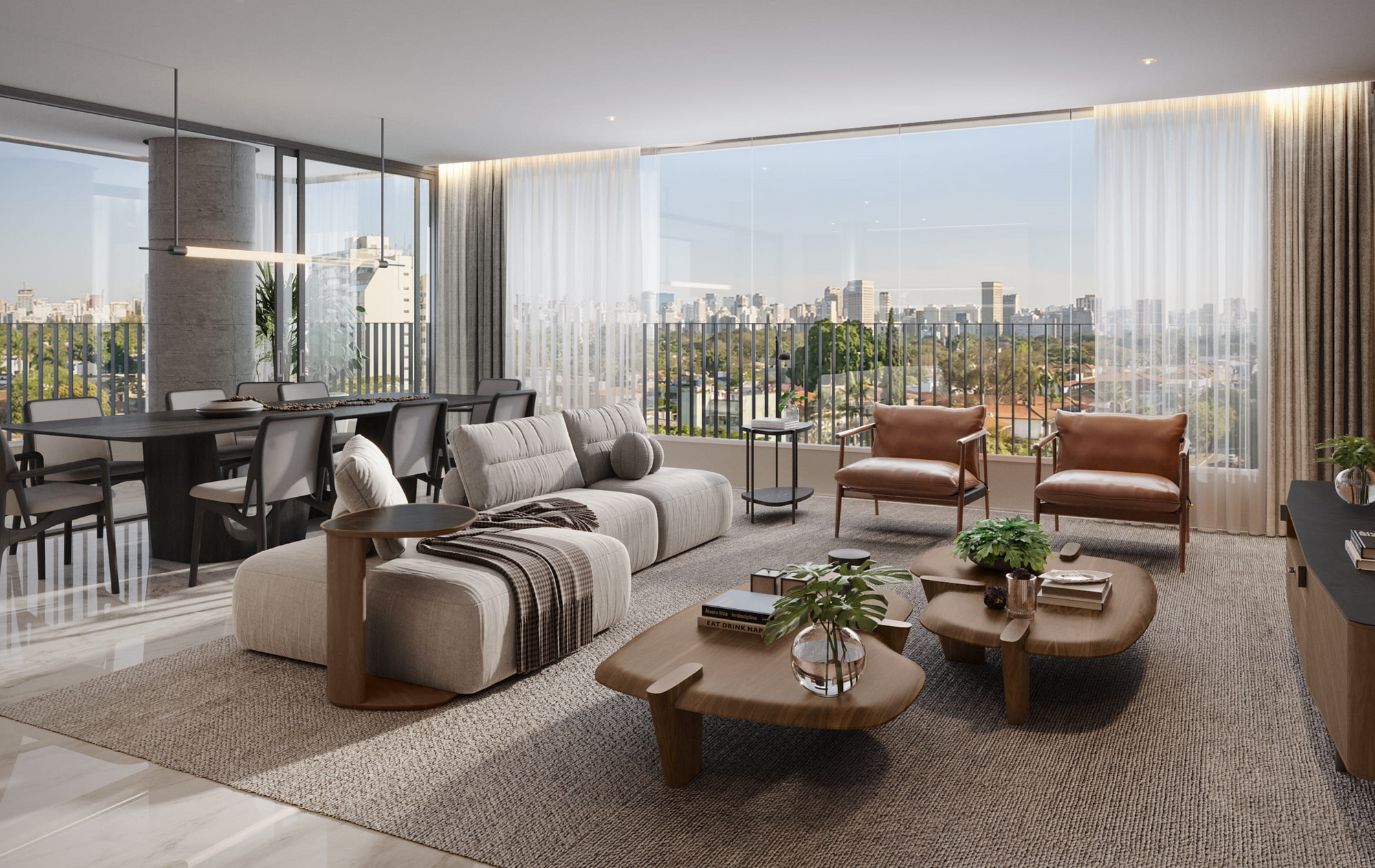 Modern open-concept living and dining room with natural light, neutral décor, and contemporary Brazilian-style furniture overlooking a city skyline.
