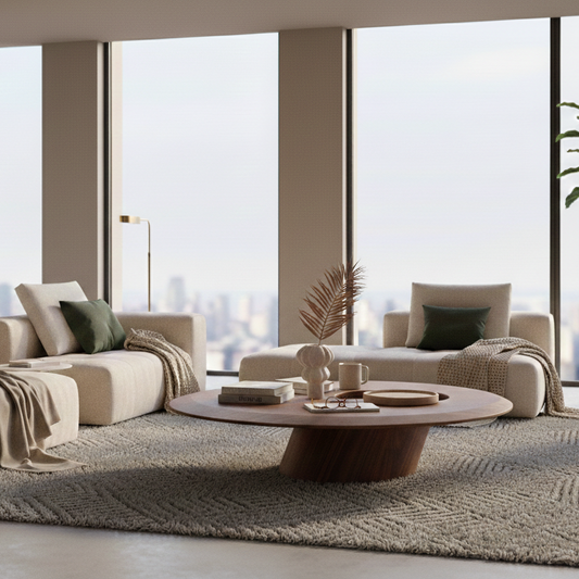 Modern living room with beige furniture, a rug, and large windows with a city view.