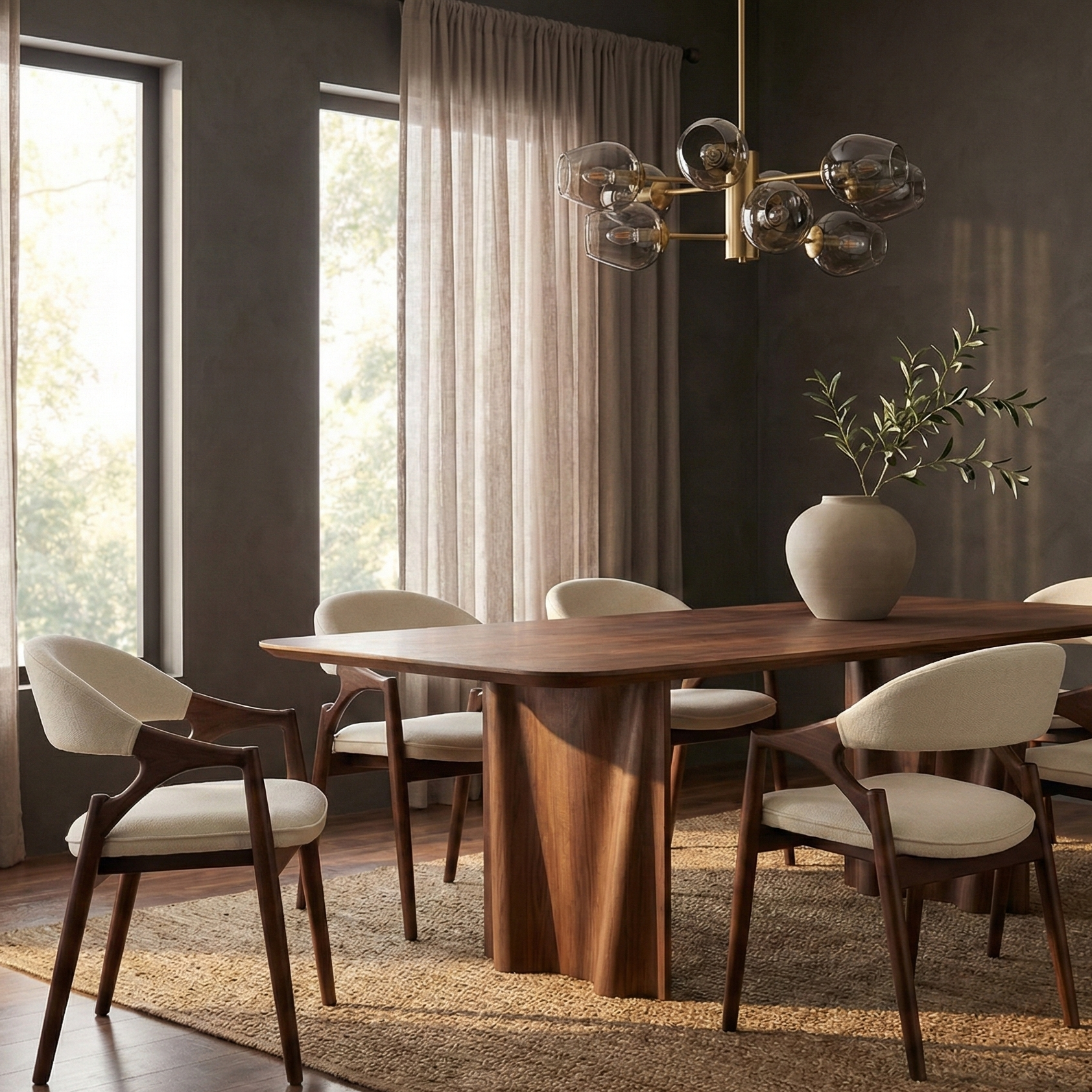 Dining room with wooden table and white chairs, featuring a modern chandelier and large windows.