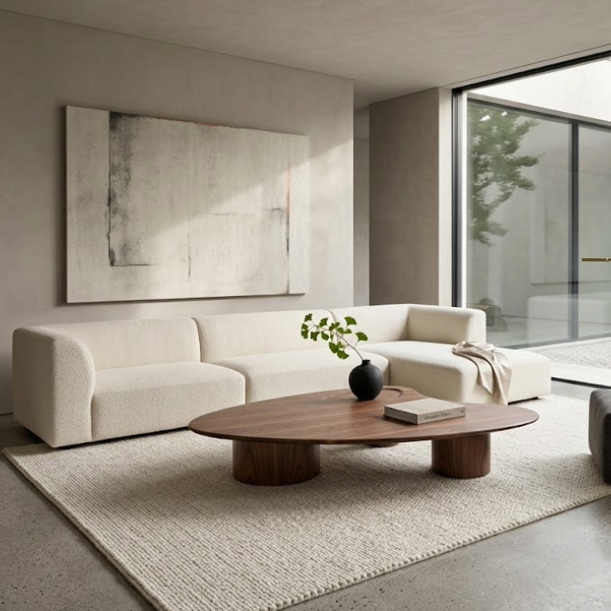 Modern living room with a white sofa, wooden coffee table, and large windows.
