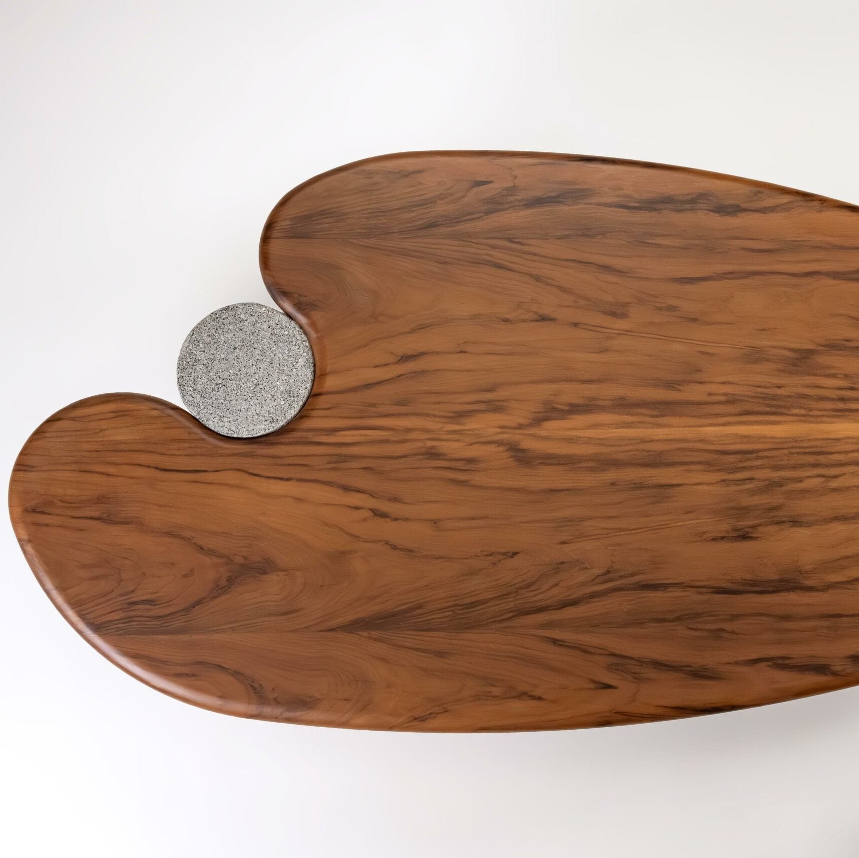 Wooden coffee table top, with a round concrete detail on a white background